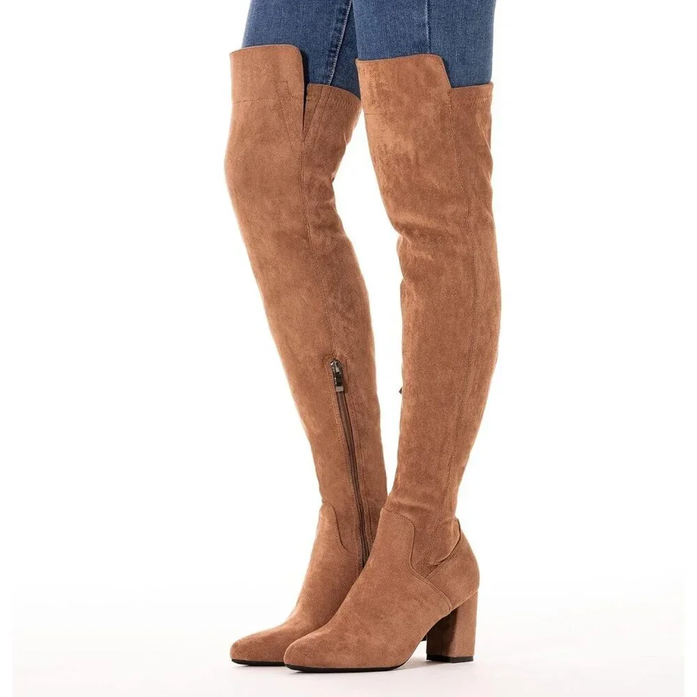 Women Brown/3 Inch Heel Faux Suede Over The Knee Thigh High Low Block Heel Boot